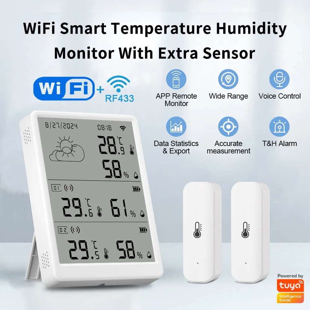 Sensore di Temperatura e Umidità Tuya RF433, Termometro WiFi Intelligente, Monitoraggio Smart Life, Supporta Sensori Multipli