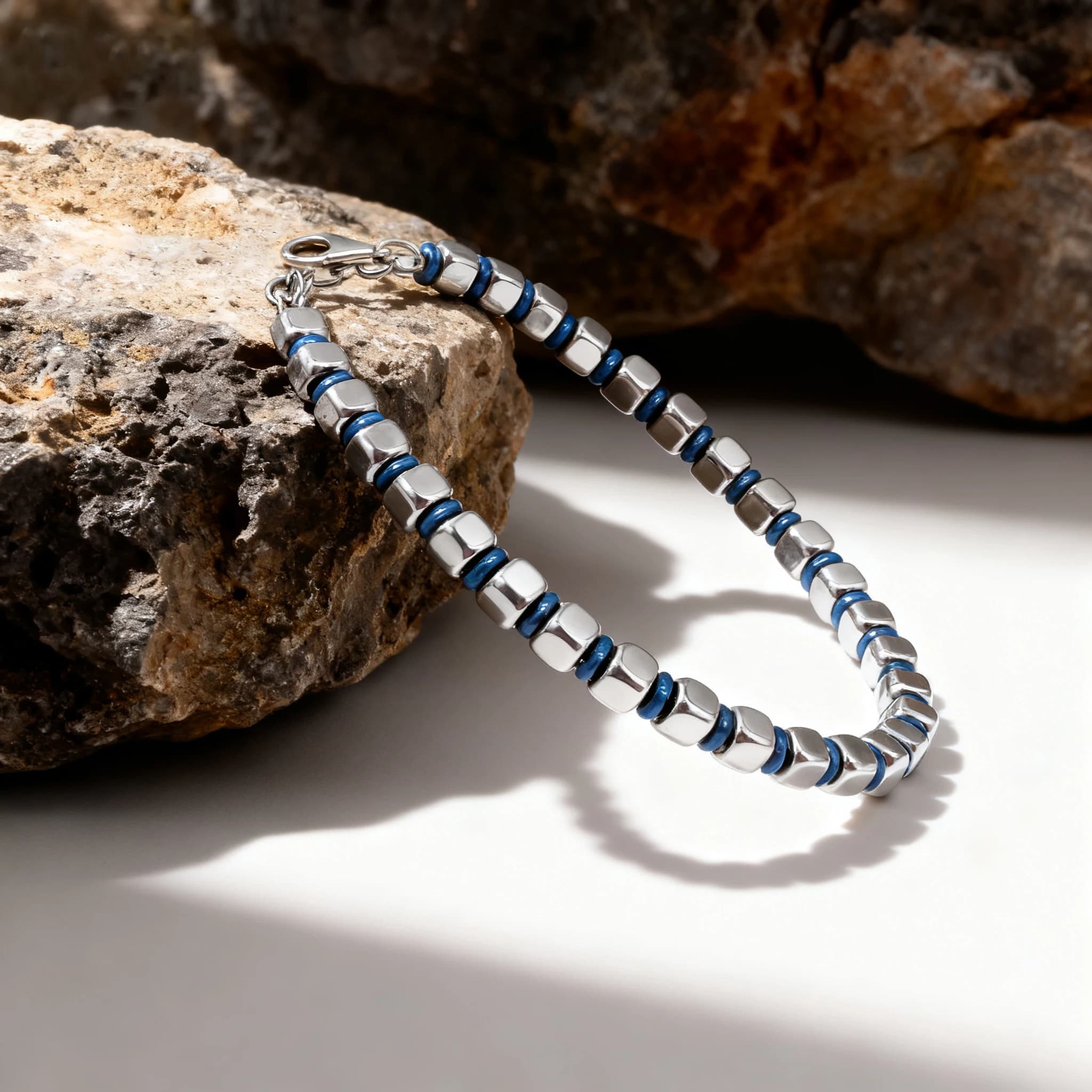 Runda Men's Beaded Bracelet Stainless Steel Bead with Blue Ring Adjustable Size 22cm Handmade Jewelry