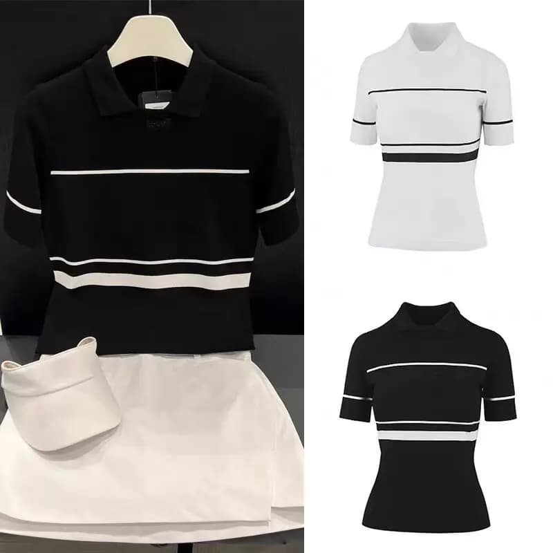 Nuova T-shirt da Golf da Donna Stile Coreano 2026 a Maniche Corte, a Righe, Vestibilità Slim, Casual, Traspirante, Asciugatura Rapida, Abbigliamento Sportivo da Golf per Donna