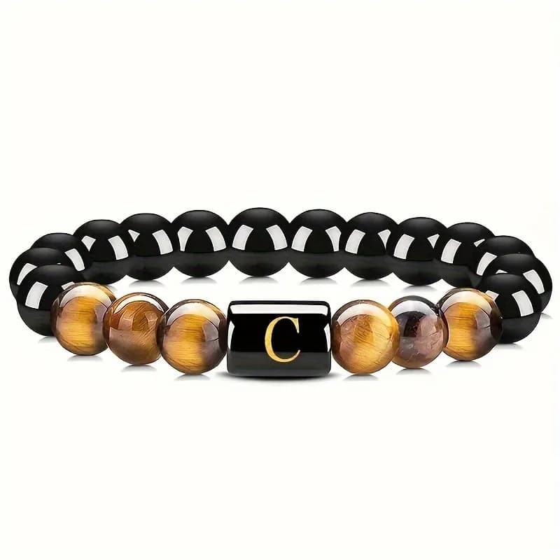 A-Z Tiger's Eye Bracelet 26 Letter Obsidian Bracelet Elastic Rope Bracelet Men's and Women's Jewelry