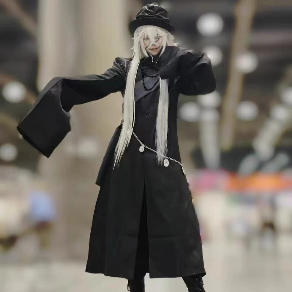 Costume Cosplay Anime Black Butler Kuroshitsuji Undertaker con Cappello, Set per Halloween e Carnevale, Abito Nero con Mantello e Sciarpa