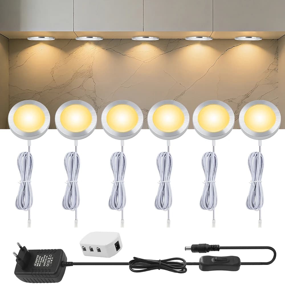 Collezione di kit di alimentazione per interruttore della luce sotto l'armadio a LED da 12 V. Plafoniere ultra sottili. Lampada spot rotonda per luci da cucina. Nastro caldo