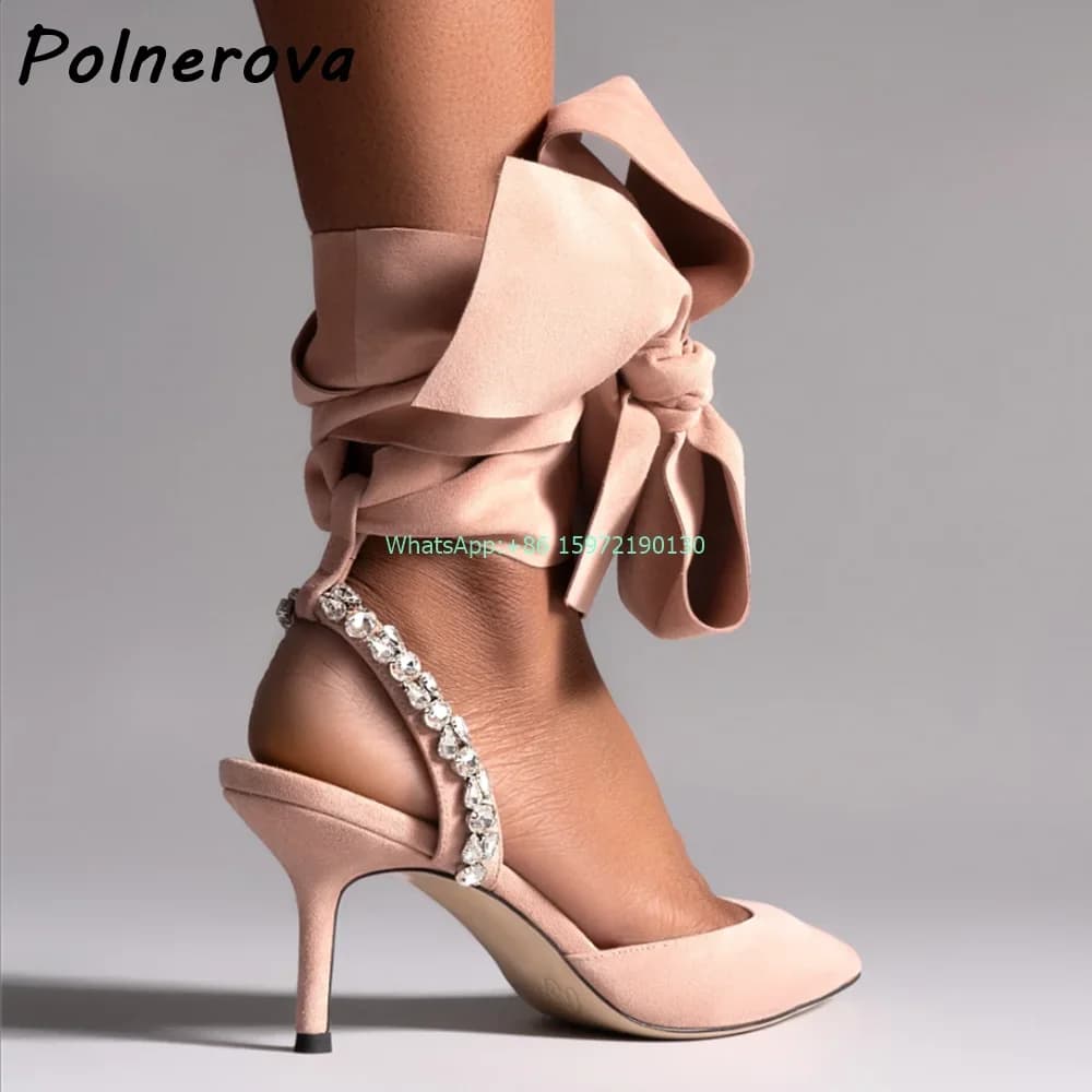 Crystal Solid Ankle Strap Sandals Pointy Toe Thin Heels Lace Up Stiletto Shoes Concise Sexy Fashion Ladies Stiletto Shoes