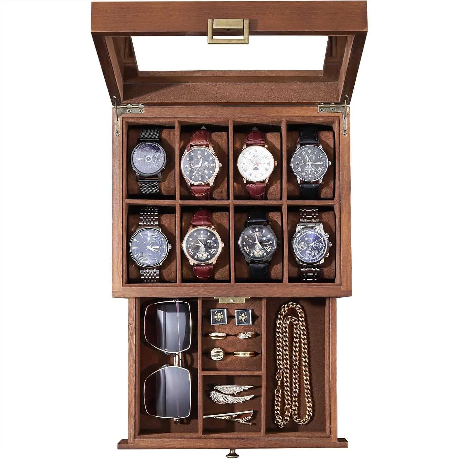 Scatola Porta Orologi in Legno a 8 Scomparti con Cassetto, Espositore Organizzatore per Orologi a 2 Livelli per Uomo e Donna, in Legno Massello, Regalo di San Valentino