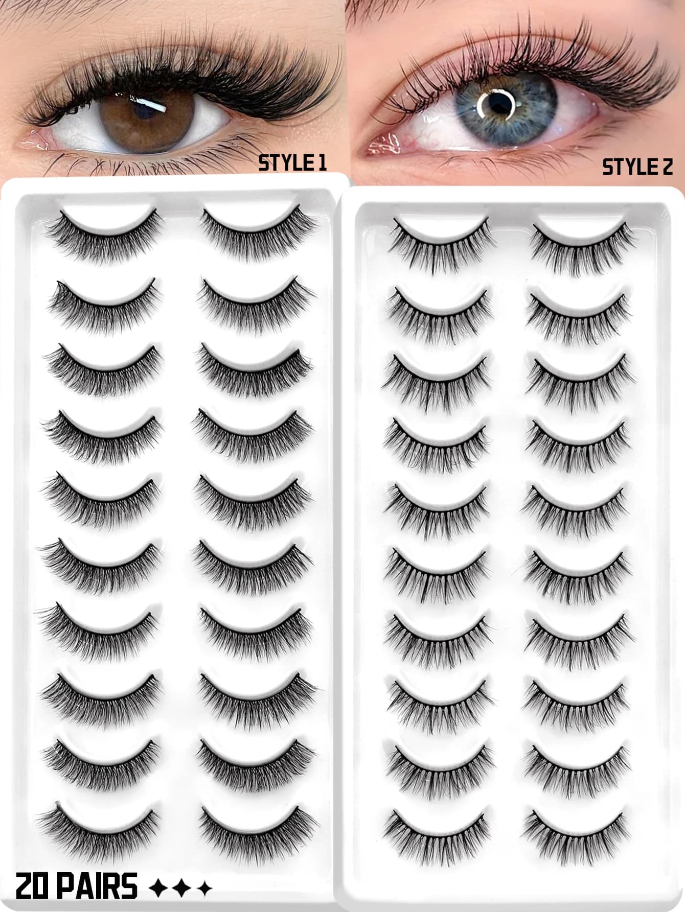 VELTRINAY 20 pairs of natural fake eyelashes and soft cat eyes effect, two mixed styles, reusable stripe eyelashes, fake eyelashes for makeup
