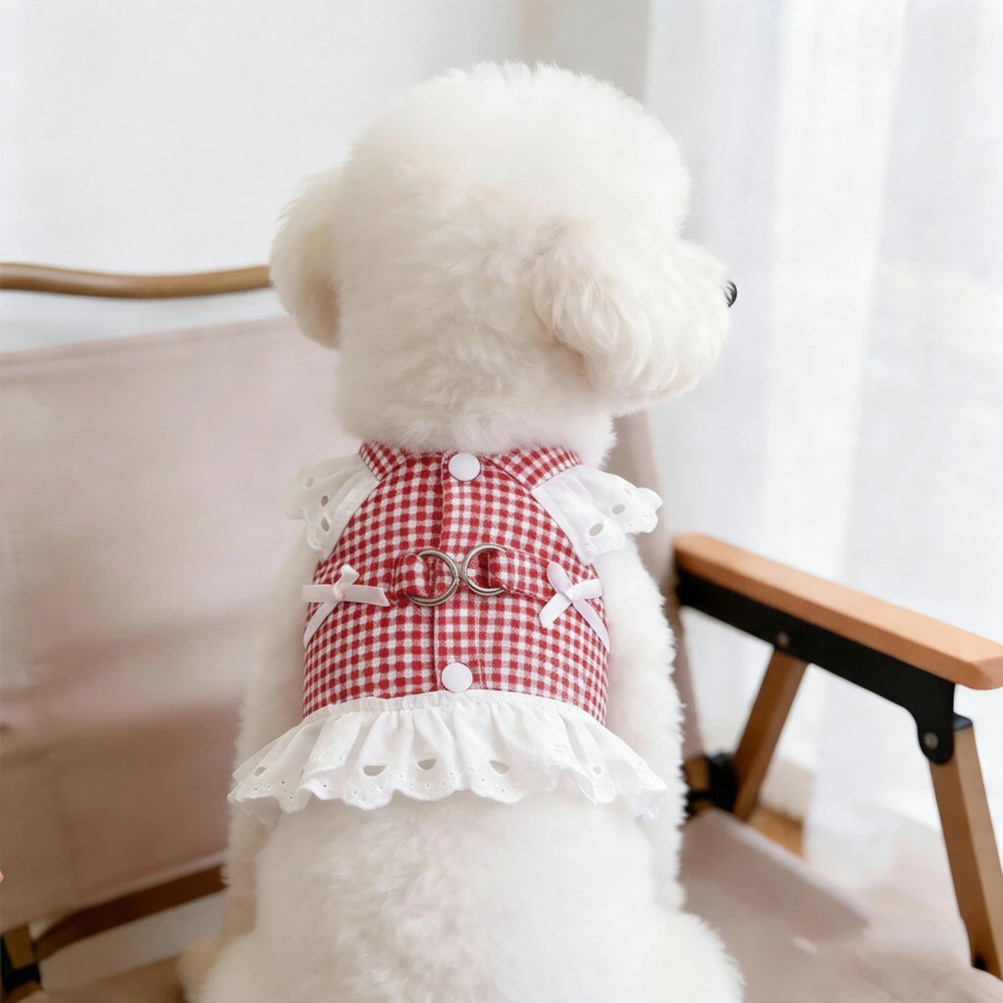 Plaid Lace Ruffle Dog Harness Vest Cute Bow Decor Checkered Pet Clothes with D-ring Breathable Sleeveless Puppy Outfit Daily