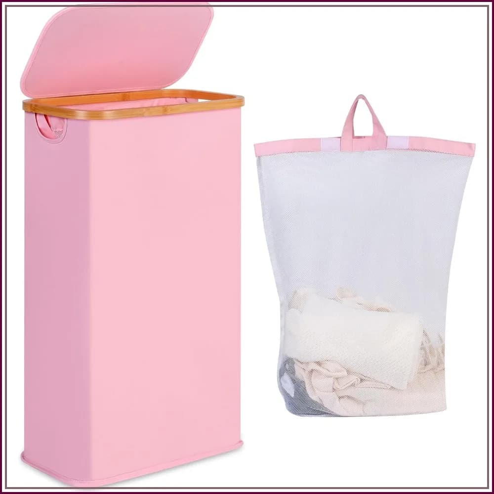 Slim Laundry Hamper 65L, Narrow Basket with Lid, Foldable with Bamboo Handles, Removable Inner Bag for Small Spaces, Pink