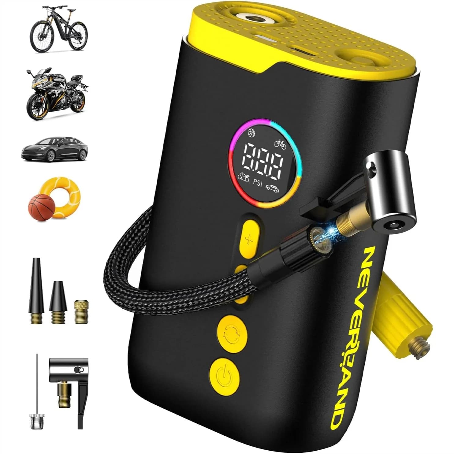 Compressore d'Aria Portatile per Gonfiaggio Pneumatici - Pompa Elettrica ad Alta Potenza 150 PSI per Auto, Moto, Bici con Manometro Digitale e Funzione Automatica