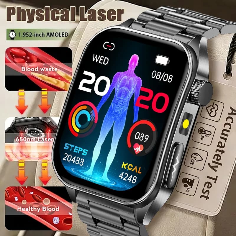 Smartwatch Man 2026 with AMOLED Screen, Laser Therapy, ECG Monitoring, SOS BT Call, Flashlight, Sports Fitness Tracker
