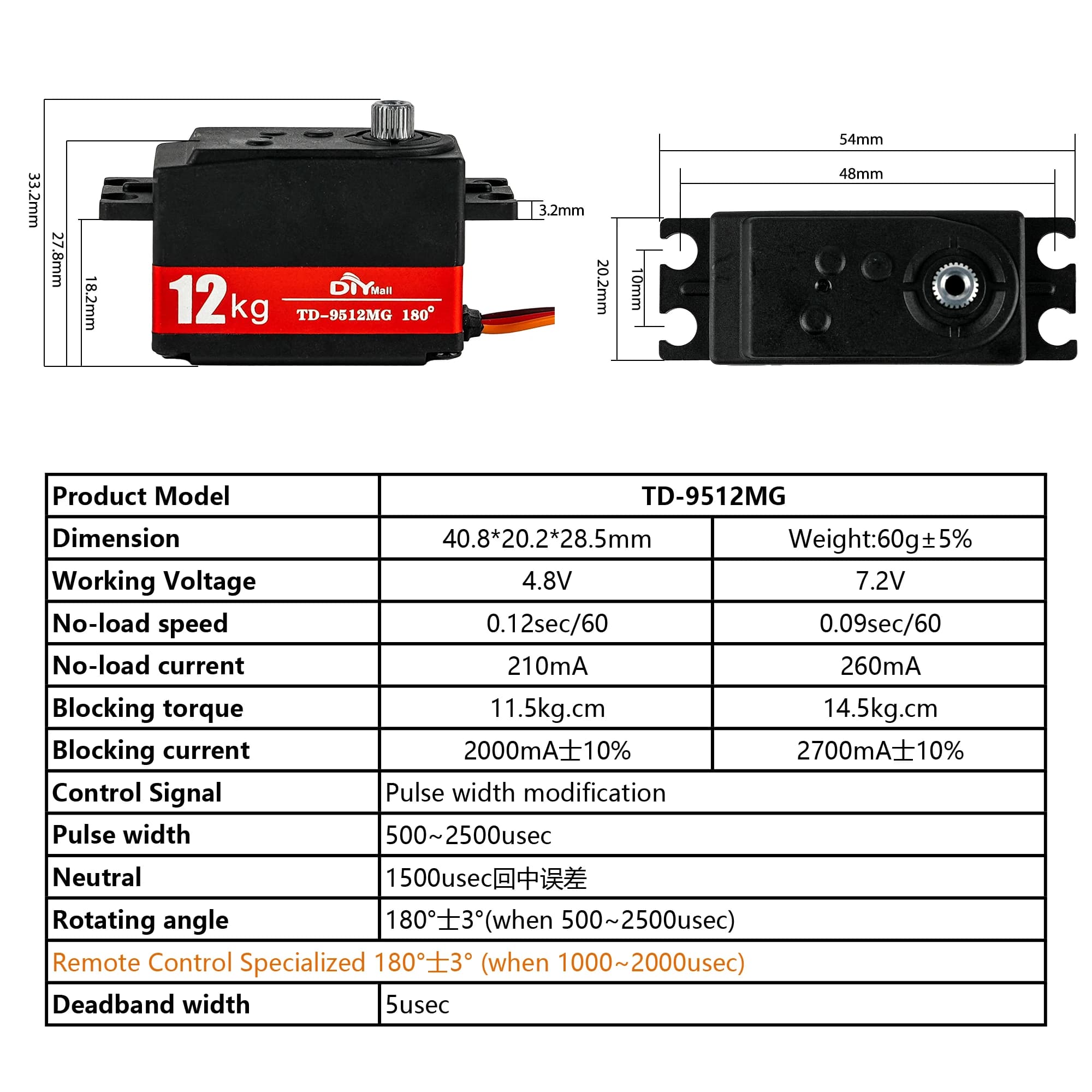 Servo Digitale TD-9512MG 12KG 180 Gradi ad Alta Coppia con Ingranaggi Metallici PWM 500-2500 per Auto RC, Crawler, Robot Fai-da-te, Componente per Funzioni di Potenza