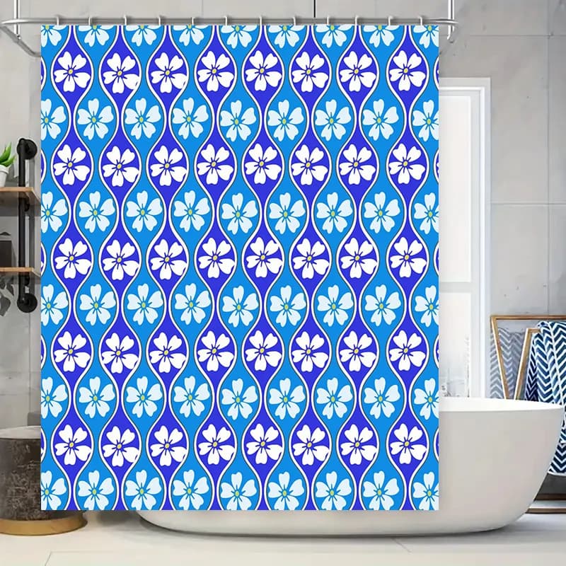 Tenda da doccia con motivo floreale blu e bianco, decorazione per il bagno impermeabile, stampa moderna, tappetino da bagno in tessuto 3D, tappeto in microfibra antiscivolo