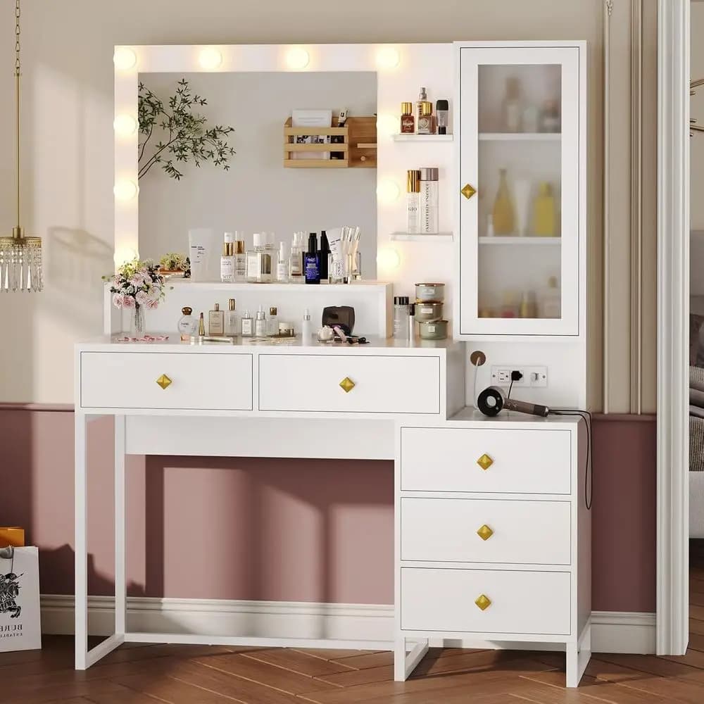 Tavolo da trucco illuminato con specchio, cassetti e stazione di ricarica in bianco, personalizzato