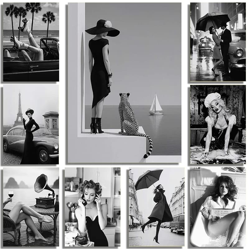 Black And White Fashion Street Interior Sexy Beauty Model Art Portrait Poster Luxury Canvas Painting Home Living Room Decorat