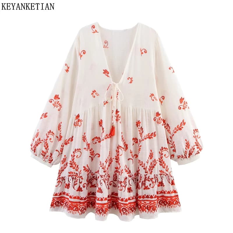 KEYANKETIAN Primavera/Autunno Nuove vacanze vento Foglie Stampa Nappa Con lacci Con scollo a V Mini abito da donna Manica lunga Allentato A Line Abiti