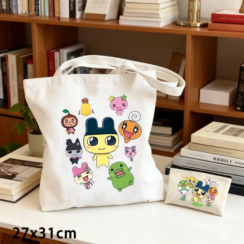 Set 2 Pezzi: Borsa in Tela Tamagotchi + Portamonete, Borse a Tracolla con Personaggi Anime per Ragazzi e Ragazze, Borsa Trendy per Uomini e Donne
