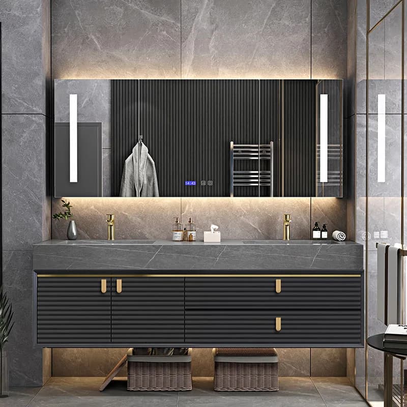 Mobile bagno moderno laccato di lusso ab-Light con specchio LED, a pavimento, 60 cm, impermeabile, in rame, lavabo doppio all-in-one!