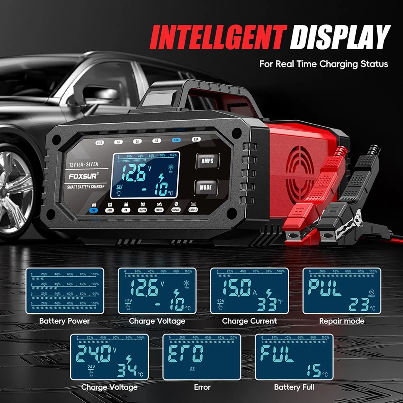 Caricabatterie per auto portatile in materiale ABS, LCD facile da usare per auto, moto, ATV, scooter