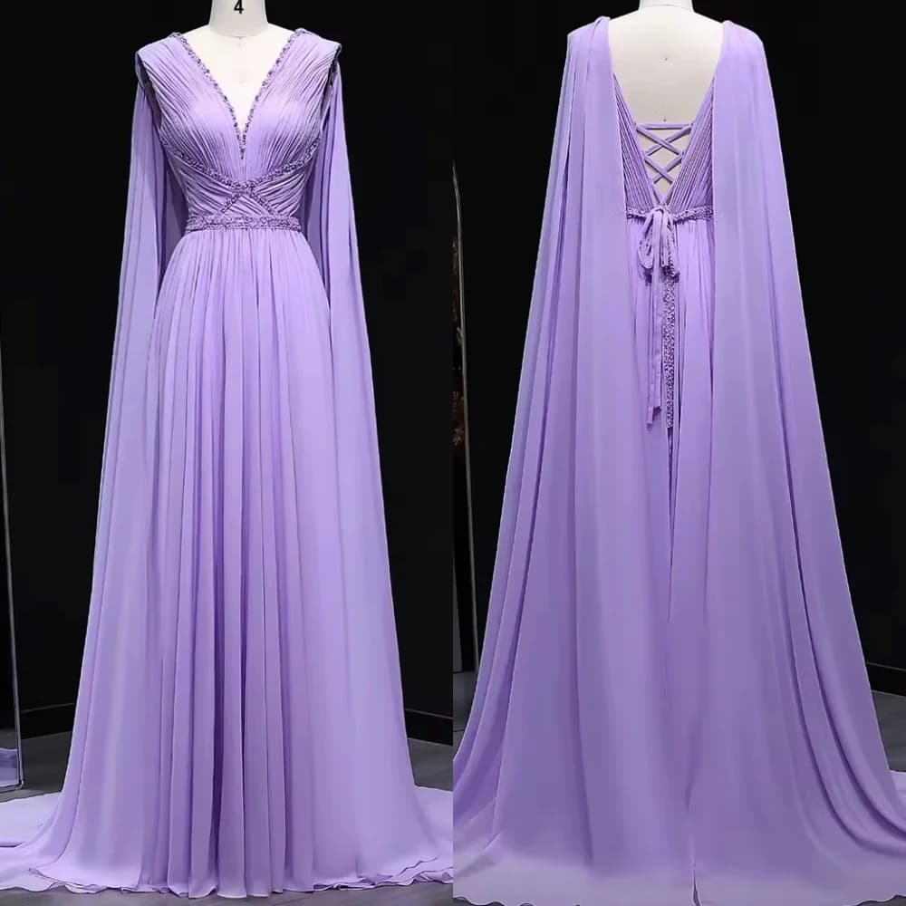Abito da sera in chiffon viola chiaro delicato personalizzato Classico scollo a V Manica ad aletta Con lacci sul retro Perline Abiti per occasioni speciali