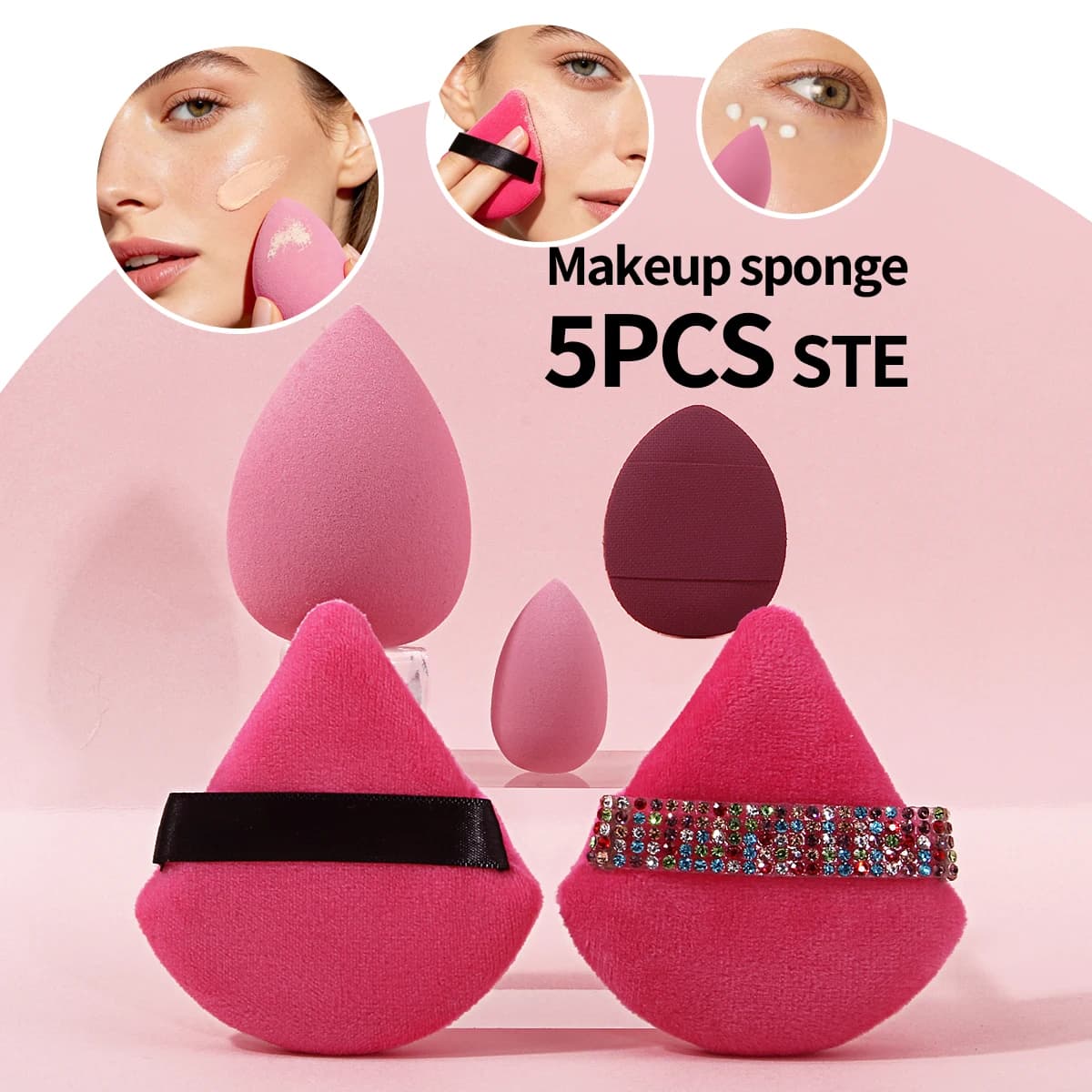 5Pcs Pink Makeup Sponge Set Big & Mini Beauty Puff Triangle Velvet Powder Puffs With Rhinestone Strap Foundation Concealer Cosme