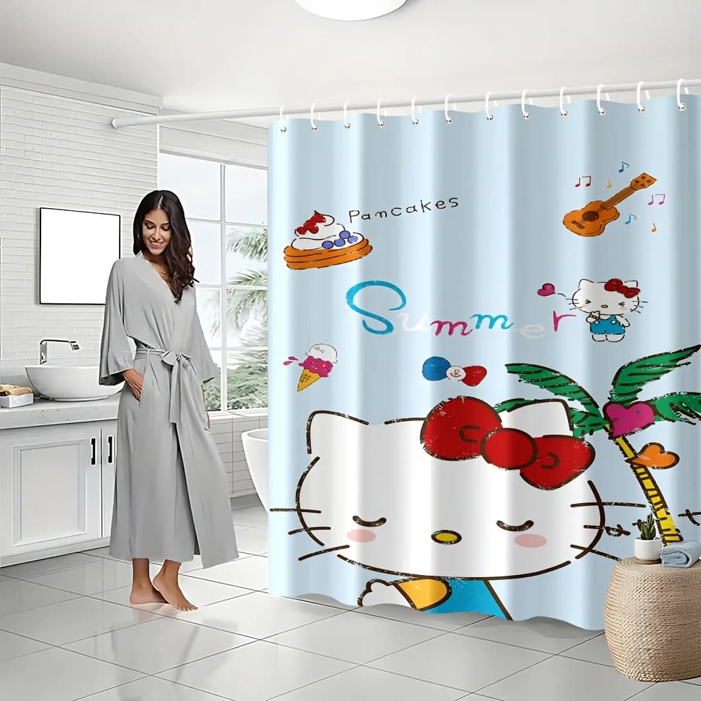 1 tenda da doccia a tema Sanrio Hello Kitty, decorazione in fibra di poliestere lavabile in lavatrice, adatta per case, appartamenti, o altro.