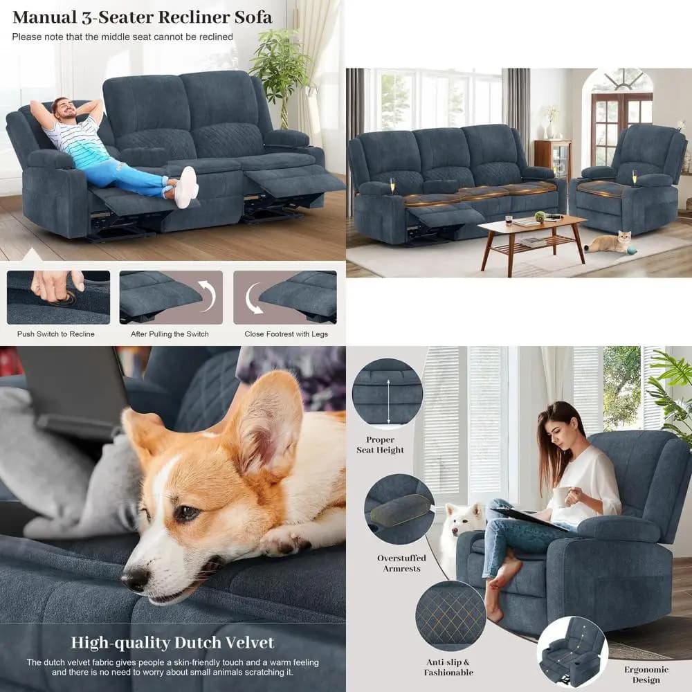 3-Seater Reclining Sofa Set with 2-Tier Cushions, 3+1 Living Room Pieces, Leather 3-Seater Couch with Detachable Cover, Oversize