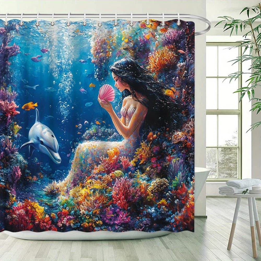 Tenda da doccia impermeabile sottomarina con sirena e delfino per l'arredamento del bagno, design artistico vibrante, stile unico, moda moderna