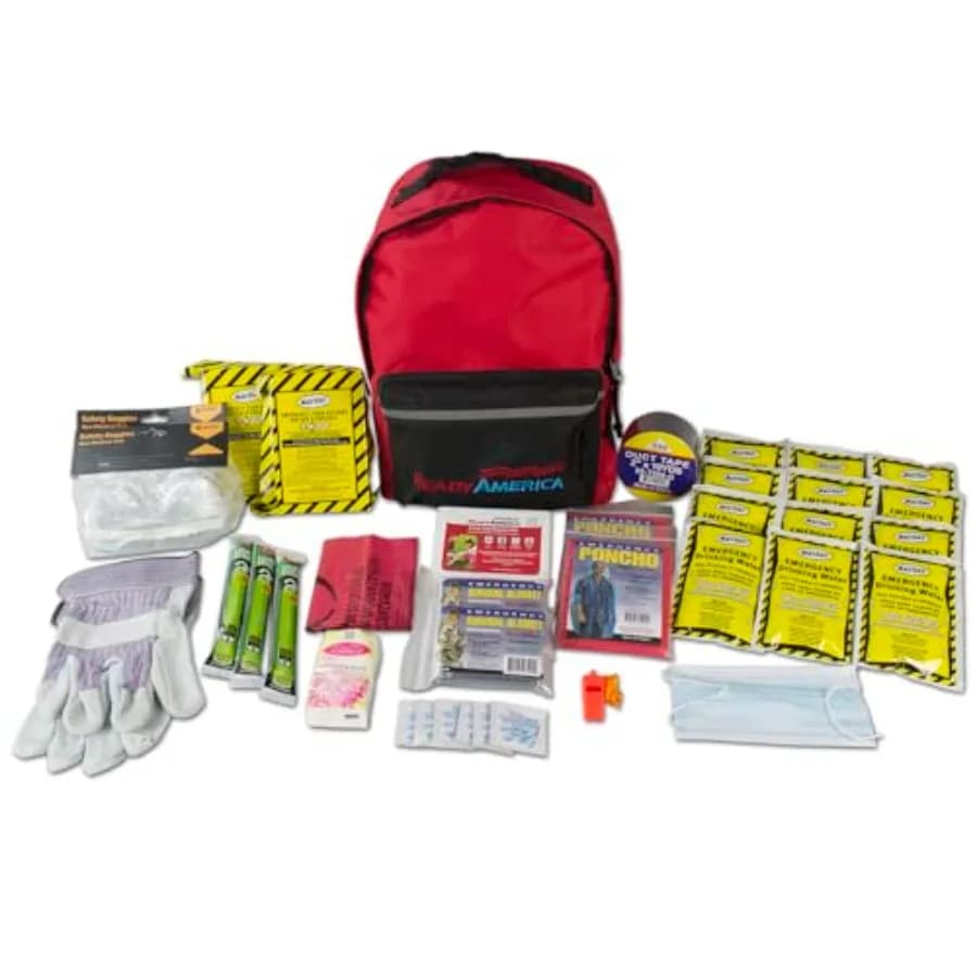 Kit di Emergenza Tornado per 2 Persone, Zaino per 3 Giorni, Include Cibo d'Emergenza, Acqua, Kit di Pronto Soccorso, Coperta di Sopravvivenza, Occhiali di Sicurezza