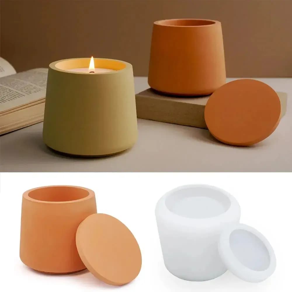 Stampo in silicone per barattolo di candela rotondo fai da te con coperchio scatola di immagazzinaggio di gioielli creazione artigianale stampi per colata di vasi in resina epossidica in gesso decorazioni per la casa