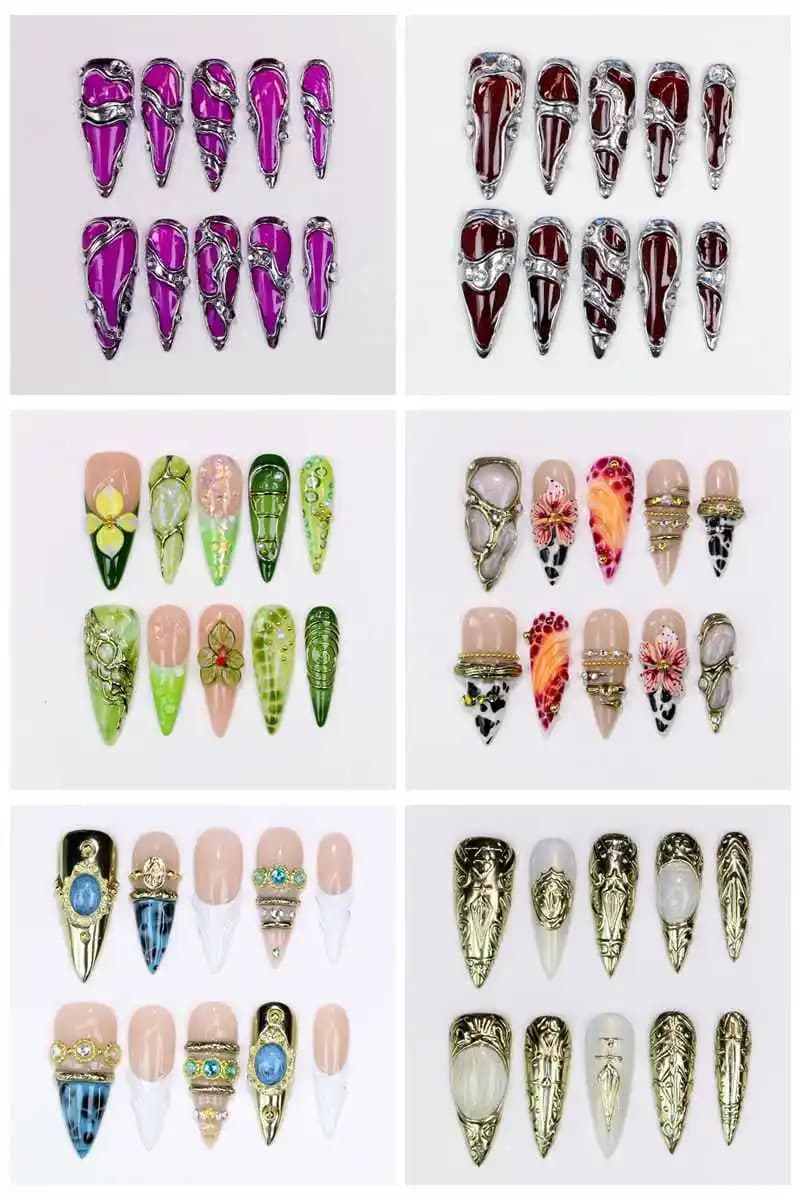 10Pcs Long Stiletto Press-On Nails Glossy Hand-Painted Purple Flower Design for Wedding Events Custom Nail Art