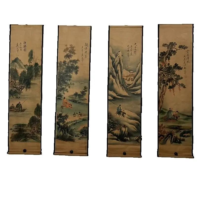 Chinese Ancient Paper Calligraphy & Painting Scrolls Set - Four Pairs of Renowned Murals including 'Fishing Music Picture'