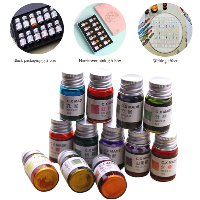 7ml 12 Color Gold Powder Ink Gift Box Non Carbon Non Scratch Paper Continuous Ink Writing Smooth for Calligraphy and Painting