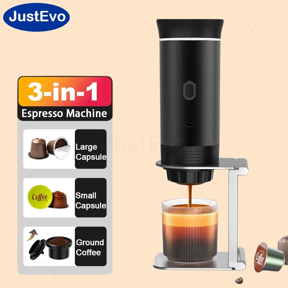Macchina per caffè espresso portatile JustEvo 3-in-1, compatibile con capsule piccole e grandi e caffè macinato, macchina da caffè elettrica compatta per auto, camper, campeggio, ufficio, attività all'aperto, la tua caffetteria mobile.