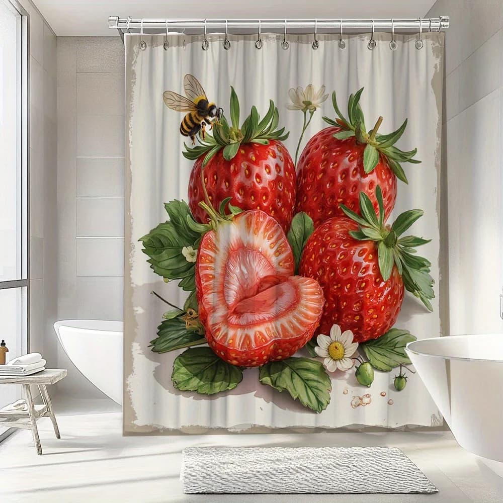 Tenda da doccia 3D con fragole e api: impermeabile, resistente al muffa con design di frutta fresca per un'arredamento del bagno divertente e vibrante