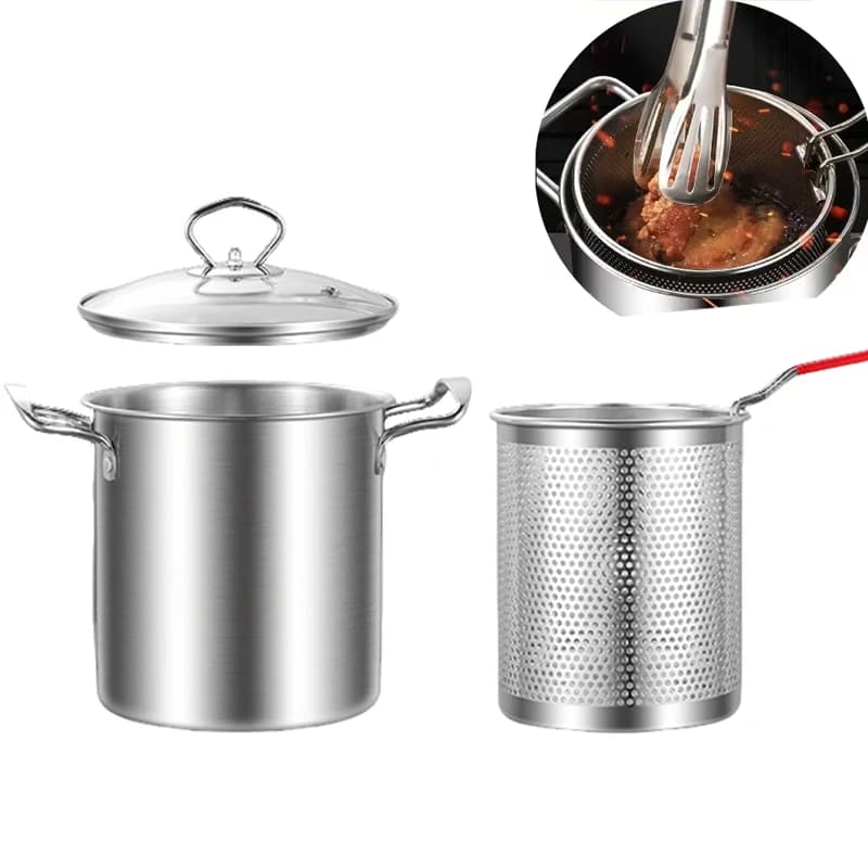 Pentola per friggitrice Pentola per friggere in acciaio inossidabile con cestello e coperchio Friggitrice per uso alimentare Pentola per friggere multifunzionale da 3,2 litri