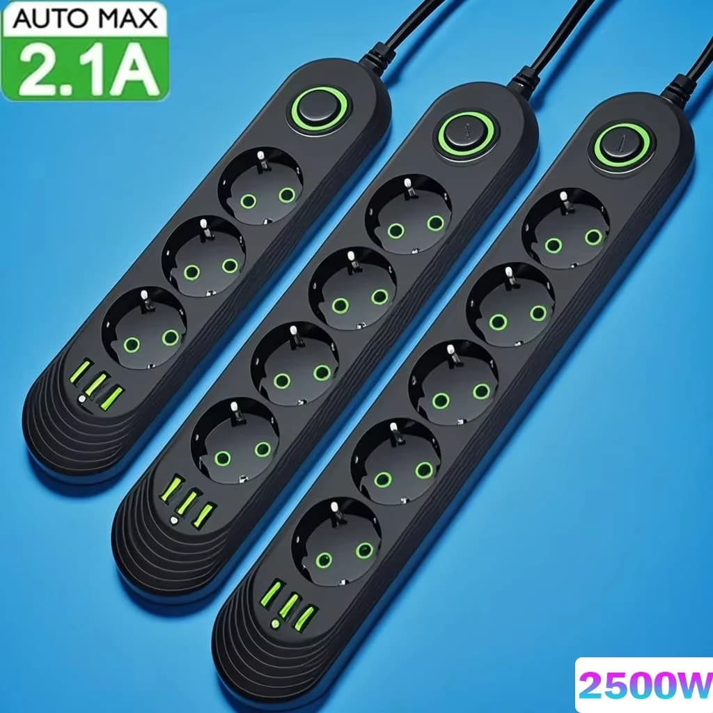 2 m cable Multiple socket with European socket with 3 USB sockets Network filter CA socket doors with round pin Extension cable Electric charging adapter