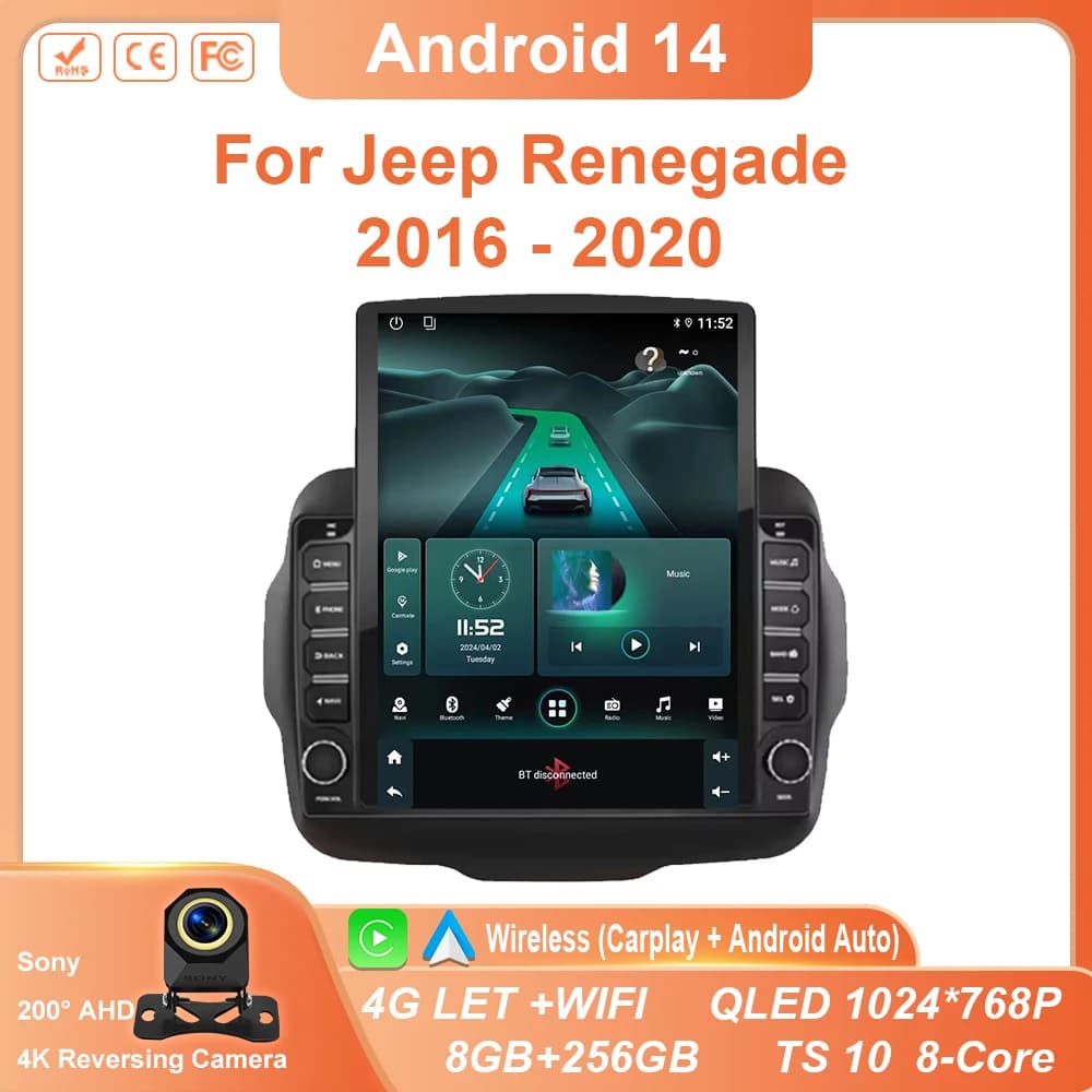 9.7Android14 Car radio For Jeep Renegade 2016 2017 2018 2019 2020 Multimedia Video Player QLED Carplay BT Auto Stereo No 2DinDVD