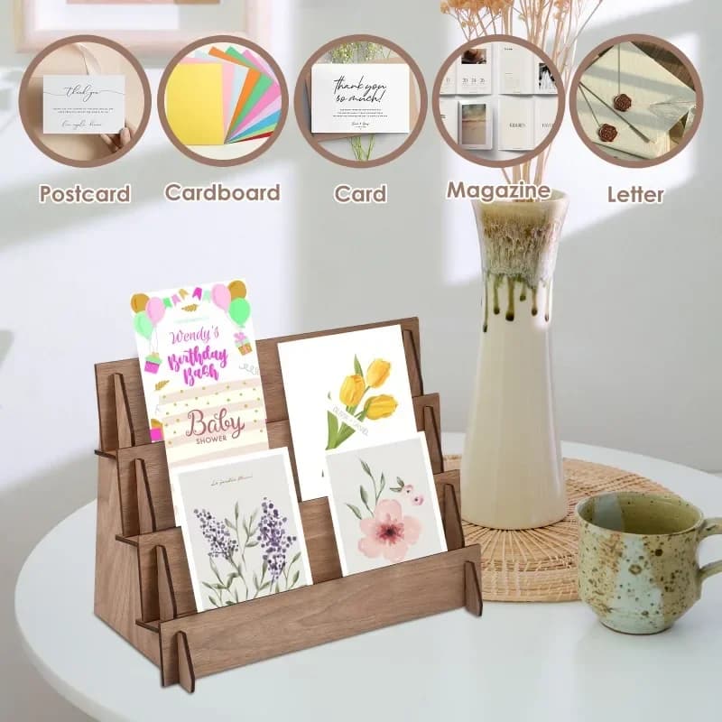 A Top Quality Card Display Stand Wood Postcard Holder Desk Bracket Card Organizer 4 Layer Decorative Shelves Office Gift Display