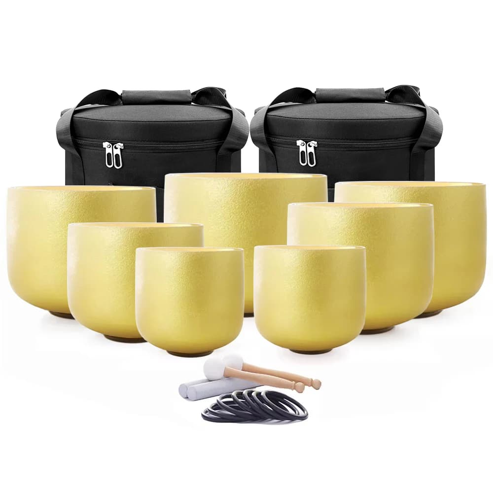 Hey-eun 7-12"/6-12" Set of 7pcs Golden Quartz Crystal Singing Bowl Chakra Sound Healing Yoga Meditation Bowls with Bag