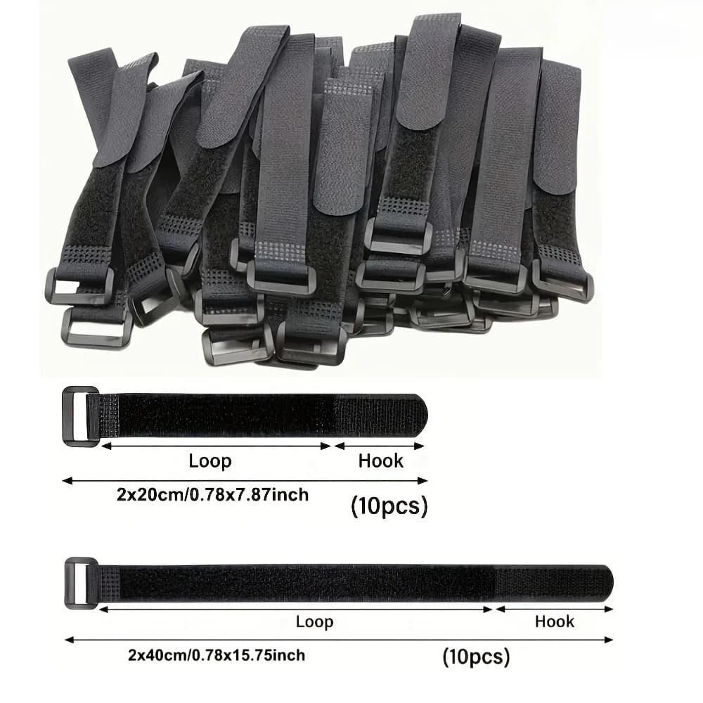 There are a total of 20 pieces, including 10 pieces of 0.79x7.87 inches+10 pieces of 0.79x15.75 inches thick black reusable Velcro straps with adjustable buckles - non slip adhesive backing, non elastic fixed straps
