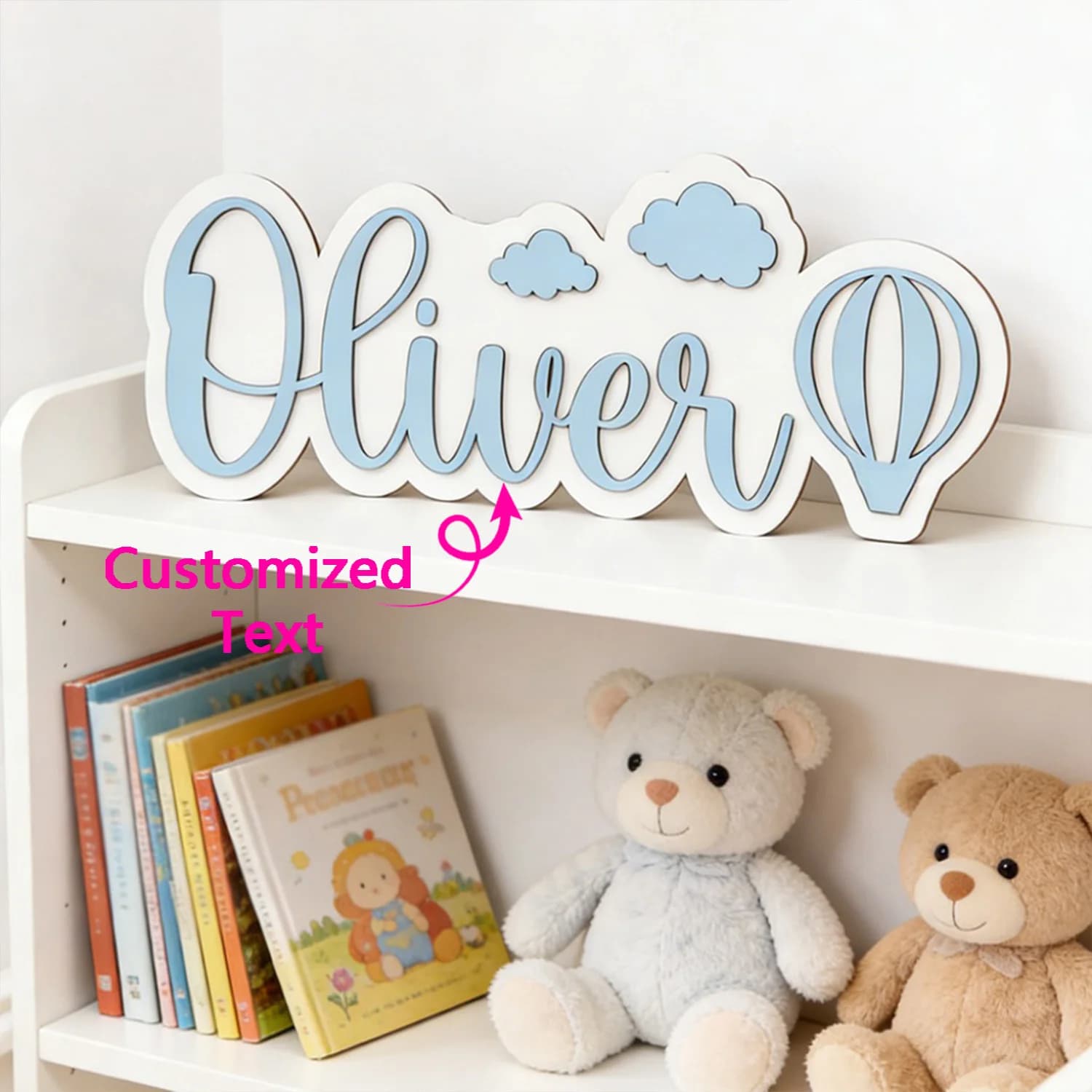 Personalized Hot Air Balloon & Cloud Name Room Sign, Customizable Pastel Blue Wooden Plaque, Nursery Bedroom Decor, Sweet Gift