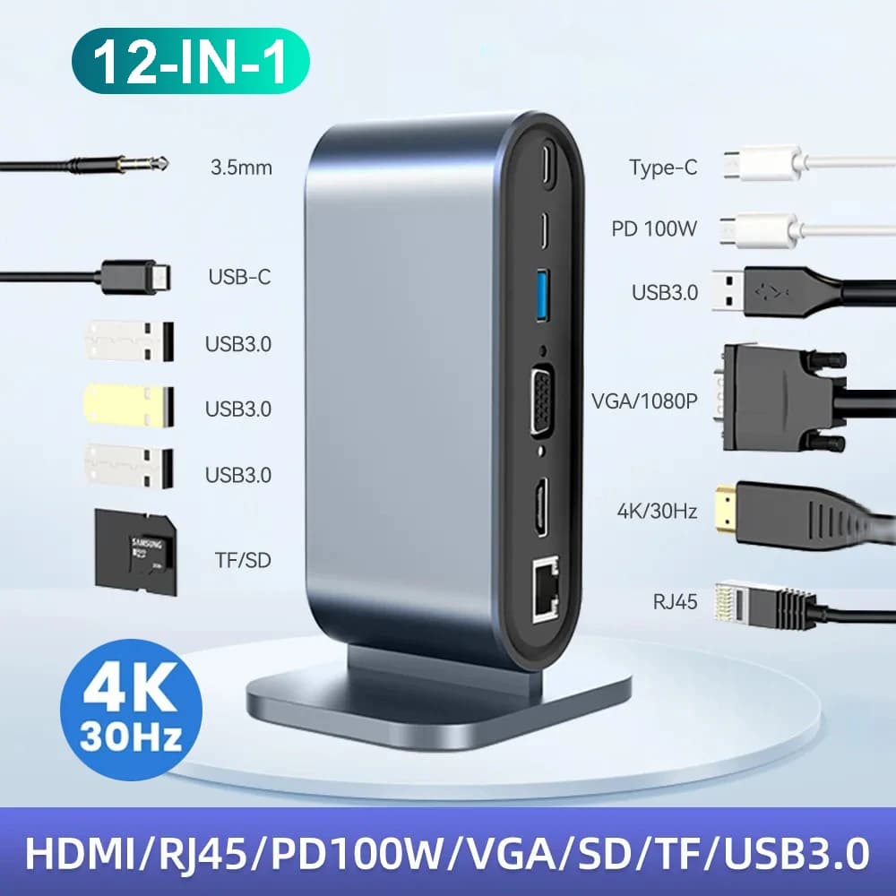Docking Station USB C PD 100W, Hub USB C con Adattatore Type C a HDMI-Compatibile 4K 30Hz, VGA, RJ45, USB 3.0, Splitter USB per MacBook
