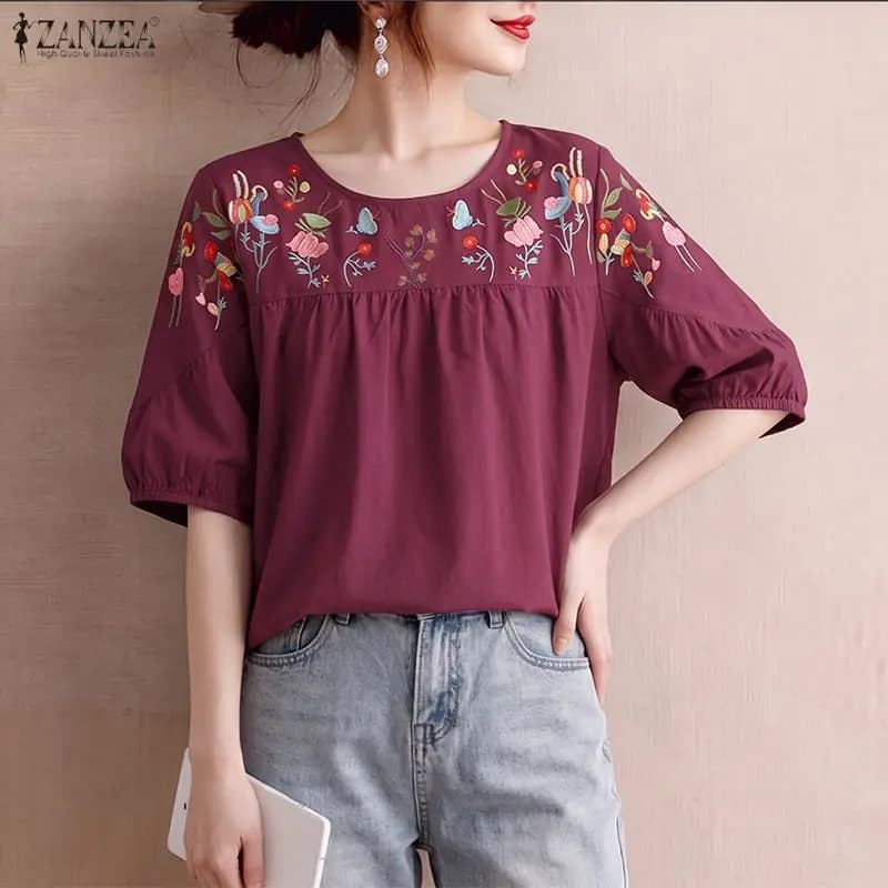 ZANZEA Women Bohemian Floral Printed Blouse Summer Tops Casual O-Neck Short Sleeve Loose Work Shirt Female Holiday Mujer Tunic