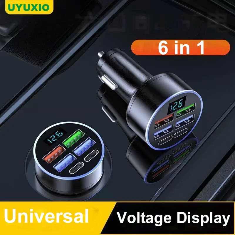 USB C Multiport USB Car Charger UYUXIO with Tension Display, Super Fast Charging Adapter 6 in 1 for Huawei iPhone 16 15 Pro Max