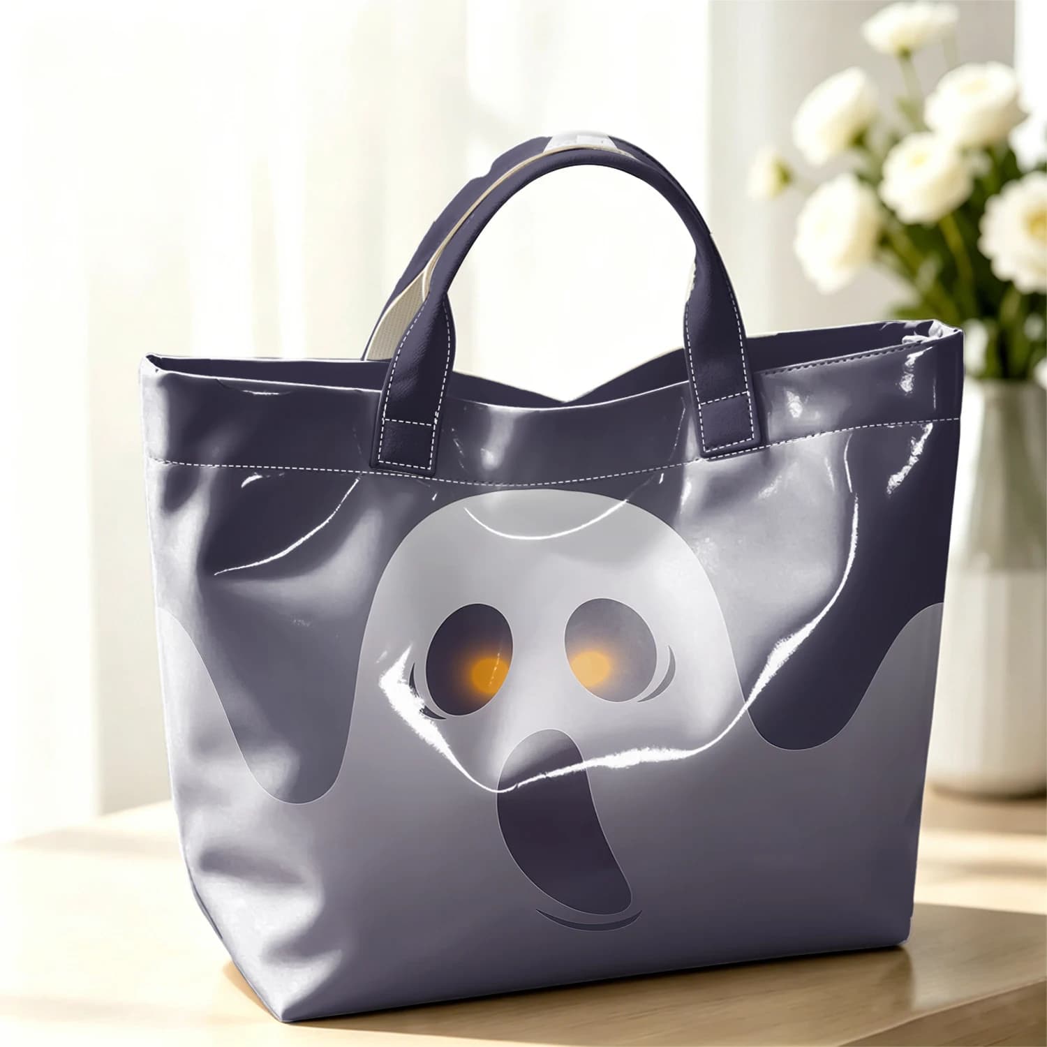 Spooky Ghost Face Cute Large Glossy PVC Tote Bag Hand Washable Lightweight Soft Great for Travel Commute Makeup Storage Handbags