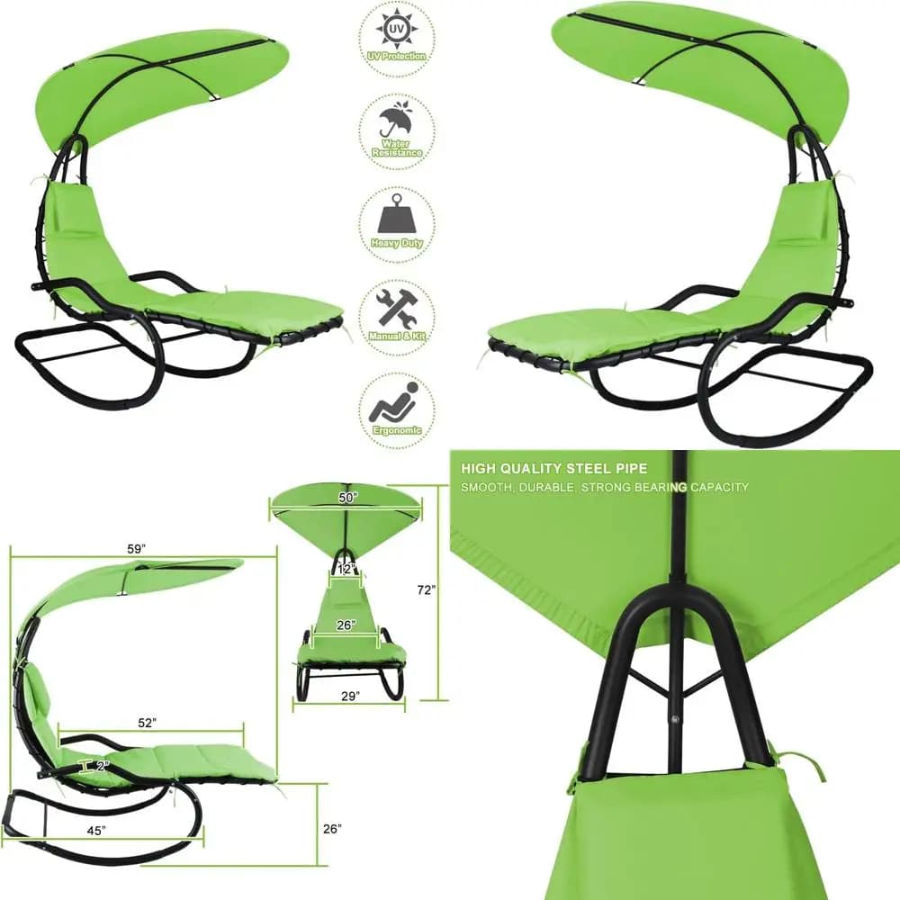 Sedia a dondolo amaca da esterno verde con supporto, dondolo imbottito per veranda, sdraio rimovibile per giardino e bordo piscina