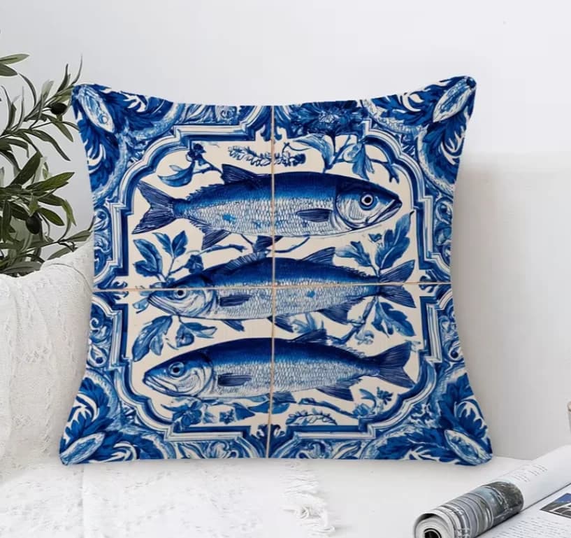 Short Plush Decor Pillow Case, Portuguese Azulejo Throw Pillow Covers Suitable for Sofa, Living Room Bedroom Office Home Decor