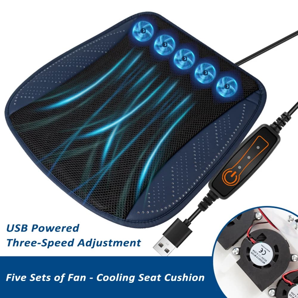 Fan seat cushion with USB port, summer breathable cooling pad for all car seats, chairs for home and office, blue Navy