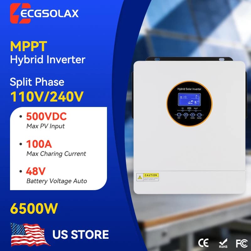 ECGSOLAX 6.5KW Hybrid Solar Inverter US&EU Pure Sine Wave 48V 120V/240V Off Grid Inverter 100A MPPT Solar Split Phase Inverter