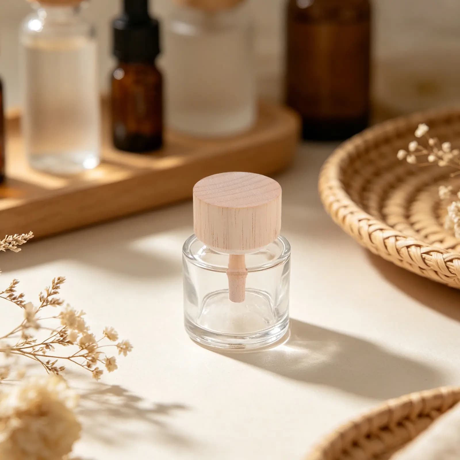 2Pcs Clear Glass Reed Diffuser Bottles Refillable Aromatherapy Bottles Wooden Cap Essential Oils Home Fragrance Diffuser Jar