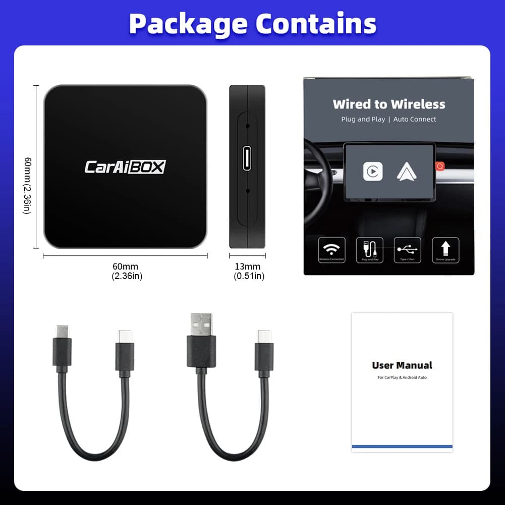 Wireless CarPlay Android Auto Smart AI Box Wired Wireless 2 in 1 WiFi Box compatible with Bluetooth CPU 4 core USB Plug and Play
